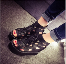 Increased women sandals 2015 new high heeled lace thick crust within the Roman shoes hollow hole