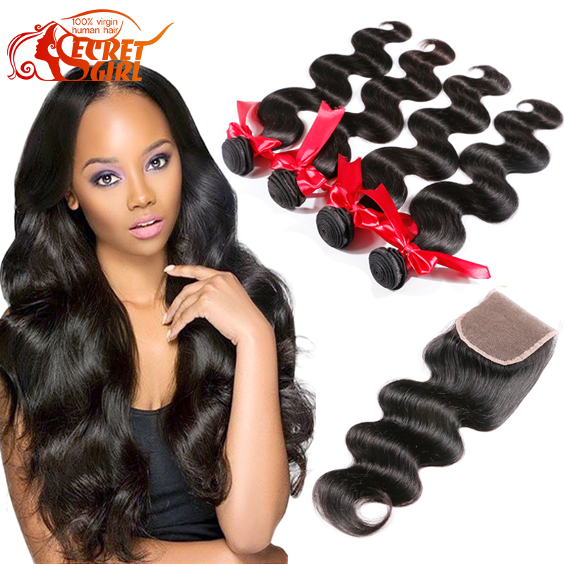 Queen Hair Products With Closure Bundle Brazilian Hair Weave Bundles With Closure 3PC Body Wave Virgin Hair with Lace Closure