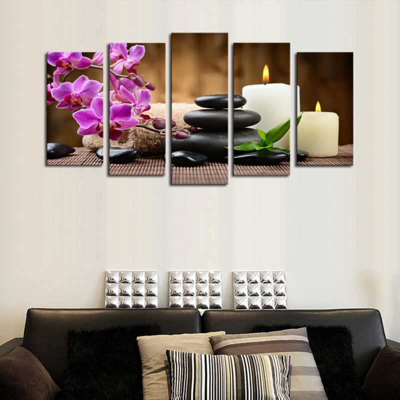 Unframed 5 Panels Purple Flowers Candle Picture Canvas Print Painting Artwork Wall Art Canvas Painting HD Print Painting