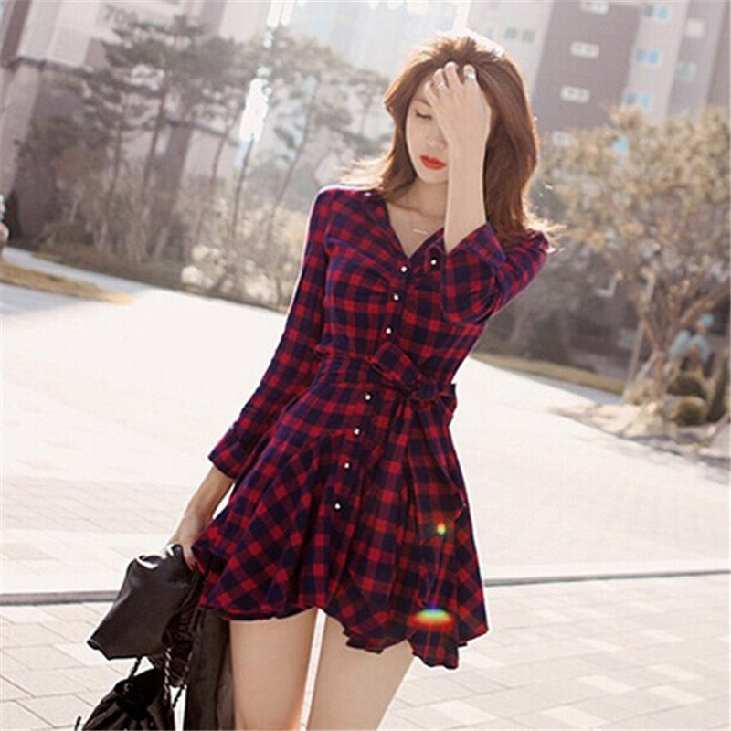 2016 New Fashion Women Lapel Long Sleeve font b Tartan b font Plaids Checks Mini Dress