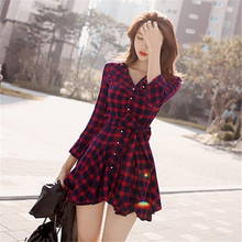 2016 New Fashion Women Lapel Long Sleeve Tartan Plaids Checks Mini Dress Casual Shirt Dresses Evening Party Gown