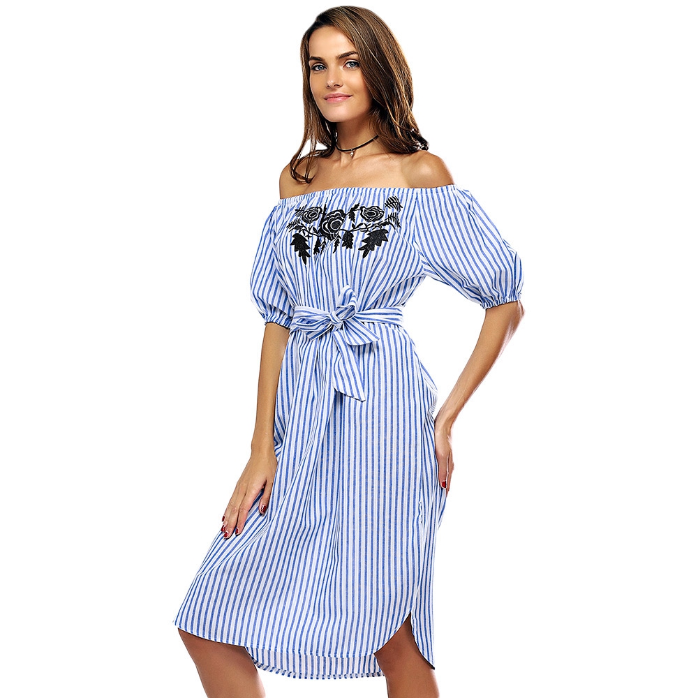 VESTLINDA Off Shoulder Blue Striped Shirt Dress Women Short Lantern Sleeve Midi Dresses Vestidos 2017 Casual Embroidery Dress 01