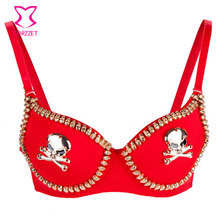 Steampunk Gothic Lenceria Gold Skull Studded Push Up Bra Sexy Underwear Women Bra Club Bralette Bras Burlesque Pirate Brassiere