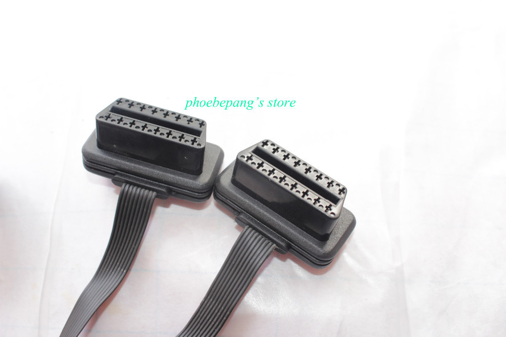 2014 New Arrival! Flat+Thin As Noodle OBDII OBD-II OBD 2 OBD2 16 Pin ELM327 Male To dual Female Y Splitter Elbow Extension Cable (1)