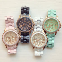 Marca ginebra Platinum Color Pastel del Metal Rhinestone de lujo mujeres relojes