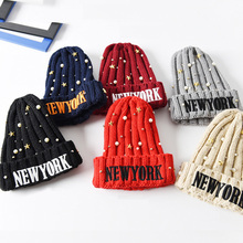High Quality 2015 Women Hats for Girls Pearl NEW YORK Warm Winter Ladies Letter Cap Knitting