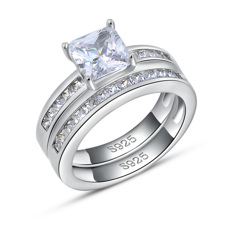 925 Silver Finger Ring on Platinum Plated with 0 8 ct Princess Cut Cubic Zirconia Women
