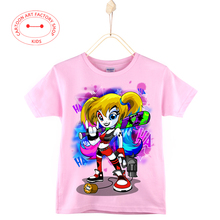Cartoon art clothes Harley Quinn kids t-shirts 100% cotton Short sleeve t shirt girls tops tees Children white/pink/blue 3-15Y