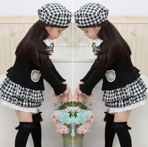 Brand new 2015 baby Girls Kids winter autumn clothes set 3pcs Coat Checked Skirt Hat suits