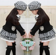 Brand new 2015 baby Girls Kids winter autumn clothes set 3pcs Coat + Checked Skirt +Hat suits children’s clothing sets