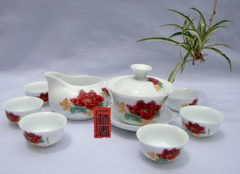 10pcs smart China Tea Set Pottery Teaset Red Peony A3TM24 Free Shipping