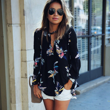 2016 Spring fashion long-sleeve printed chiffon shirt blouse womens colorful floral printed chiffon shirt sexy v-neck women tops