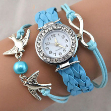 Spring s New Women Bird Love Heart Multilayer Knitted Faux Leather Bracelet Wrap Wrist Watch 9YH