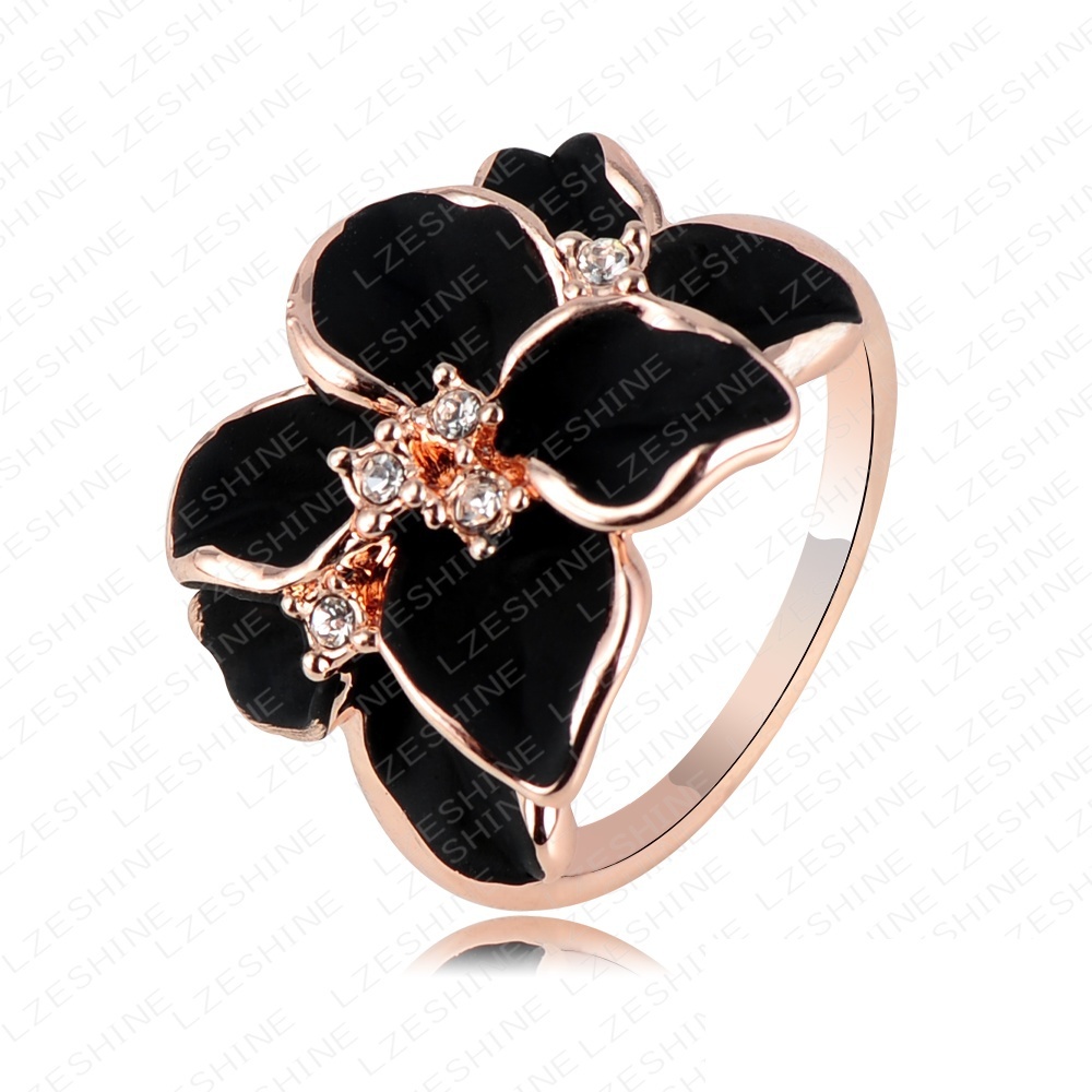 Hotting Sale Jewelry Ring With Rose Gold Plt SWA Elements Austrian Crystal Black Enamel Flower ...