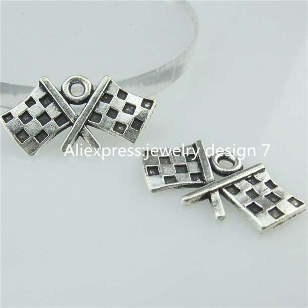 Free Shipping 14624 40PC Alloy Antique Silver Vintage Flag Banner font b Chequered b font Flag