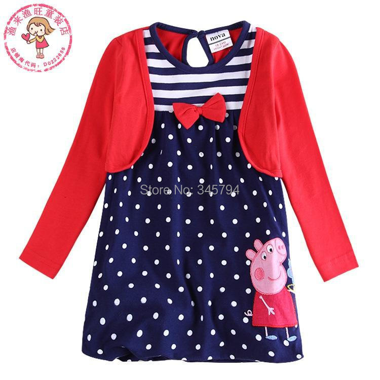 girl cotton dress pig long sleeve false two pieces dot stripe bow stripe princess dress