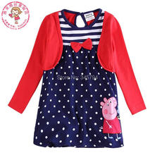 girl cotton dress pig long sleeve false two pieces dot stripe bow stripe princess dress