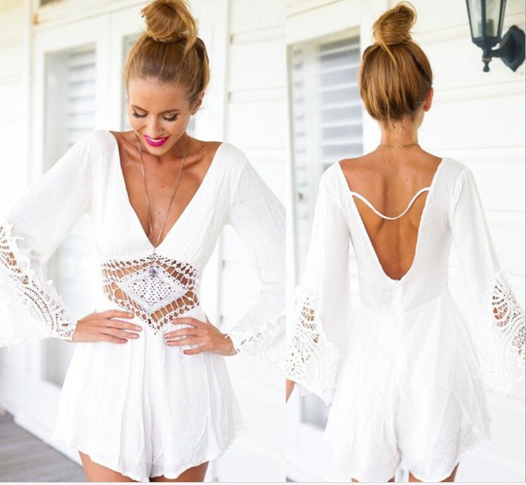 2015-Spring-and-Summer-V-neck-sexy-backless-white-lace-Siamese-culottes-Jumpsuits-Rompers
