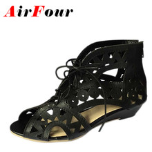 Airfour Big Size 34-43 Fashion Cutouts Lace Up Women Sandals Open Toe Low Wedges Bohemian Summer Shoes Beach Shoes Women