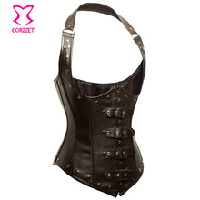 Halter Neck Brown Leather Bustier Steampunk Underbust Waist Training Corsets Steel Boned Corset Vest Gothic Corselet Corpete