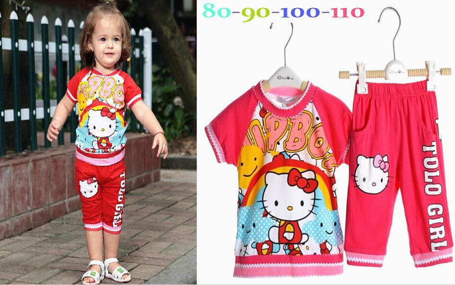 2014 New summer baby girl suit rose red cartoon hello kitty print t shirt + pants 2pcs set kids suit girls clothing set 4set/lot