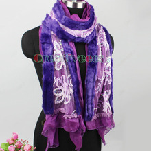 Chiffon Stitching 2 Article Artifical Rabbit Fur Lace Floral Sequins Long Scarf