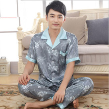 Men imitated silk turn-down collar short sleeves pajamas sets,gentlemen boys blue print striped buttons nightgown, KOL K-1605D