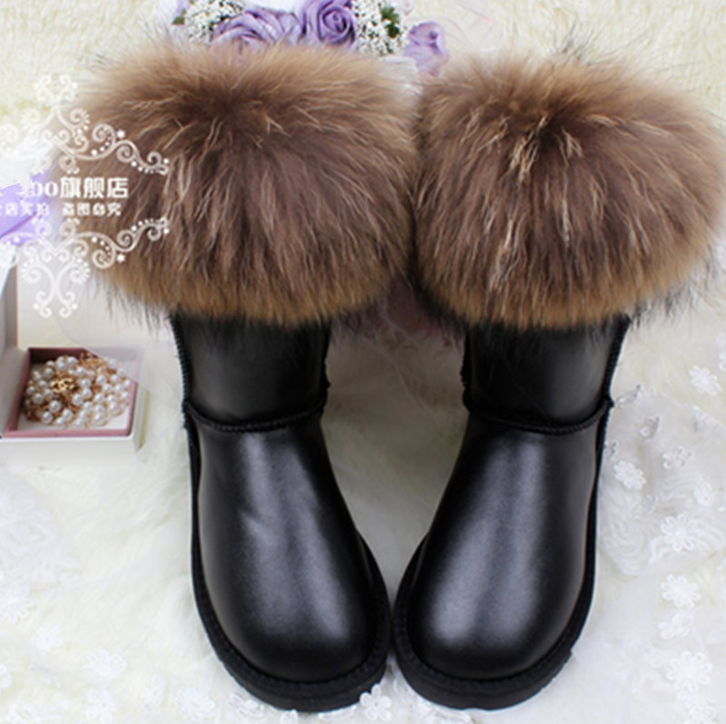 Women Snow Boots Natural Fox Fur Cow Muscle Outsole Waterproof Middle High Genuine Leather Winter Cotton