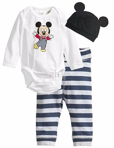 2016 New Fashion Baby Boy Clothing Set 3pcs(Long-sleeved Romper+hat+pants) Infant Newborn Baby Girls Character Clothes Suit 12