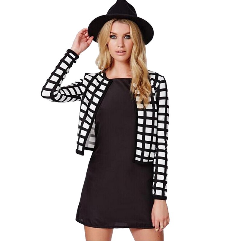 2015 New Jackets for women short style long sleeve plaid black and white women Jackets casual clothing fashion Coat JT13 (2)