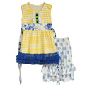 Summer Kids Boutique Cotton Clothing Yellow Stripes Lace Top With Belt Polka Dots Ruffle Shorts Girls