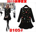 2015 New Autumn Women dress Full Sleeve Embroidery Slim Render Cartoon Show Thin Tail Dresses Black 8105