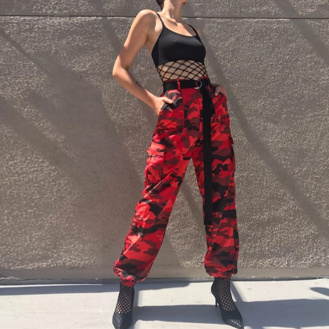 red black and grey camo pants