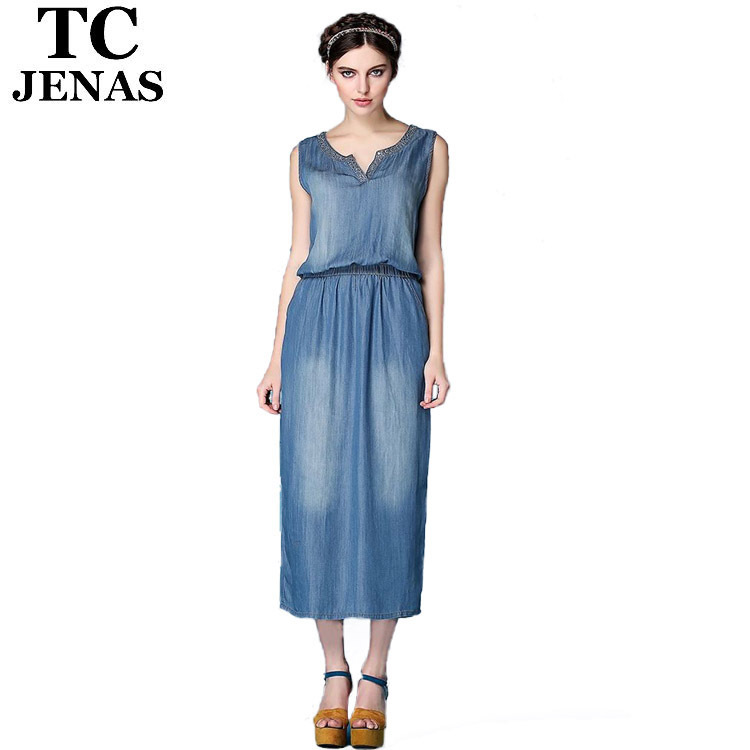 TC Women summer sleeveless denim Tencel long dress 2015 women ...