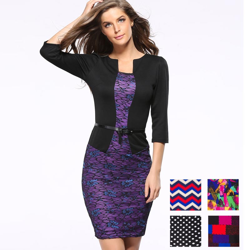 Womens Elegant Belted font b Tartan b font Plaid Patchwork Graffiti Wave Polka Dot Print Wear