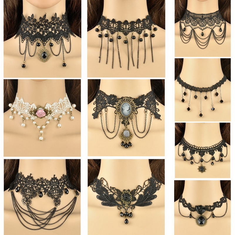 Gothic Jewelry Tassel Lace Necklace Pendant Wedding Party Short Choker Necklace Women Steampunk False Collar Statement
