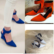 2015 Women Wedges Fashion Brand Ankle Pointed Toe Pumps Sexy Sandals High Heels Black Blue Orange White Women Shoes Summer