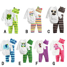 Free shipping baby clothes cotton cartoon variety patterns Long-sleeved clothes + pants+ hat 3 sets Romper crawling baby clothes