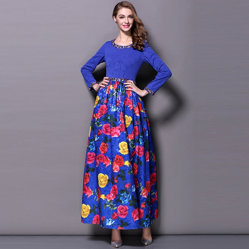 Casual Dress 2015 New Autumn Runway Full Sleeve With Beading Floor-Length Black Blue Empire Flower Printing Dress
