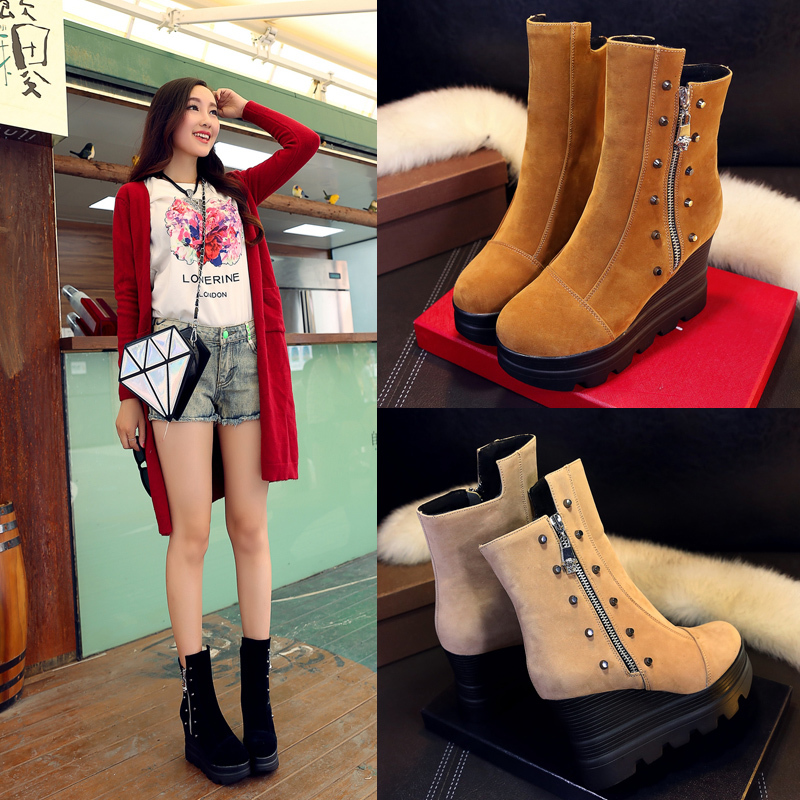 2015  Autumn winter  Women wedge Boots Platforms Square Heel Ankle Boots Paint Leather wedge Boots Fashion Motorcycle Boots