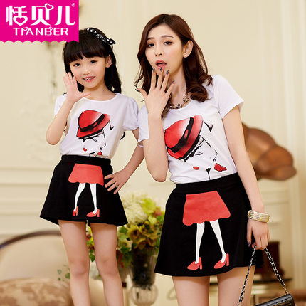 2015 summer family fashion casual t shirts and skirts clothing set princess dress clothes for mother and daughter