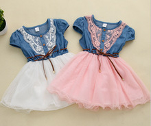 Hot selling baby clothes girl clothes denim short sleeved summer dress clothes denim jeans stitching gauze