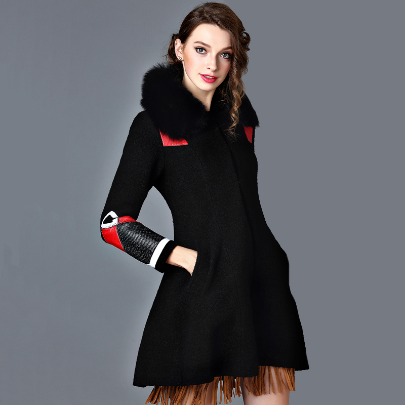 Warm Coat Long Sleeve Autumn Winter Fur Collar 2016 Fashion Brand Pockets Spliced Leather A-line Wool Black Coat