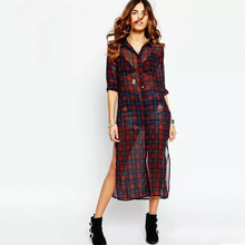 Blusas Femininas 2016 New Arrival Sheer Split Long Blouse Women Shirt Tartan Plaid Vintage Sheer Cardigans Blouses Chiffon Blusa