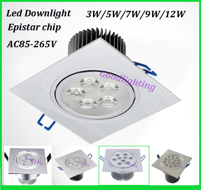 Free shipping 3W/5W/7W/9W/12W square led downlight Epistar chip led light AC85-265V spot ceiling lamp luminaria for bedroom