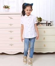 2016 Brand Fashion Summer Girls Cotton Turn-down Collar Short-Sleeve White Puff Sleeve Lovely Decoration Girls Blouses