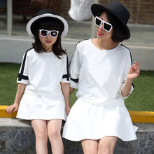 Women Cotton T-shirt and Skirts for Mum Girl Family Matching Clothes Summer Dress Toddler Girl Clothings Kid Dresses White Black