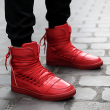 New Men Casual Shoes Top Quality Pu Leather Men High Top Shoes Fashion Lace Up Breathable Hip Hop Shoes Men Red Black White