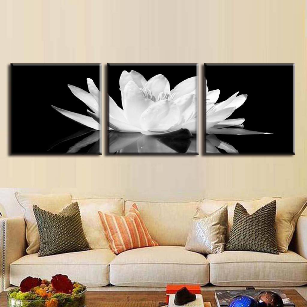 3 Pieces Framed Black and White Flower Wall Art Painting Prints On Canvas White Lotus In Black Printing with Frame Home Decor