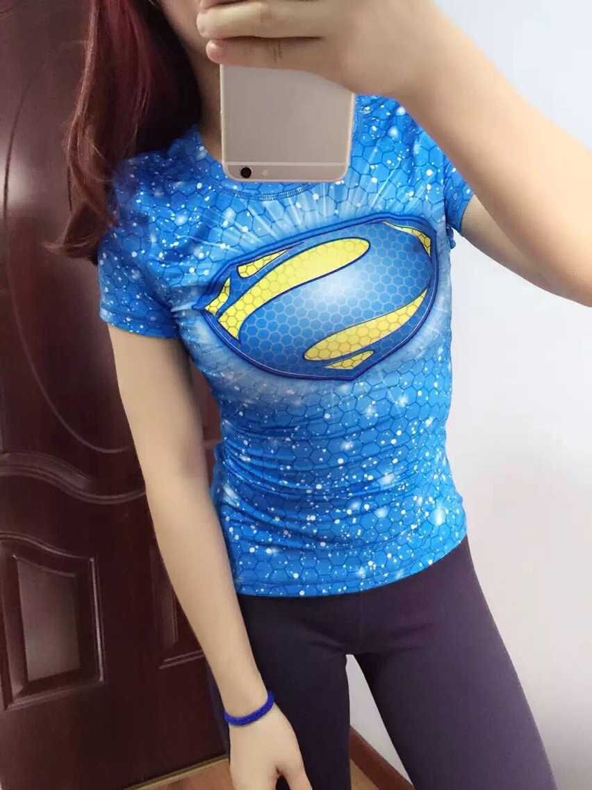 Polyester Spandex Superman women s fitness sports quick dry t shirt girls gym exercise compression tights